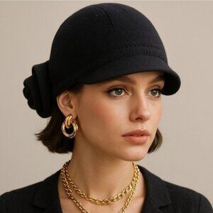 Sonia Rykiel Black Knit Hat Oversized Flower Detail Designer Women's Access T.2